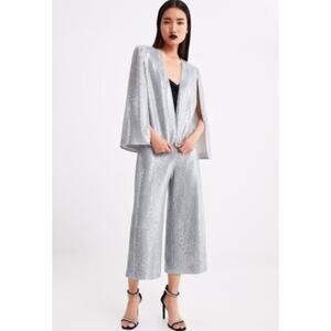 Zara Silver Sequin Cape & High-Rise Culottes Cropped Pants Set NWT- Size S